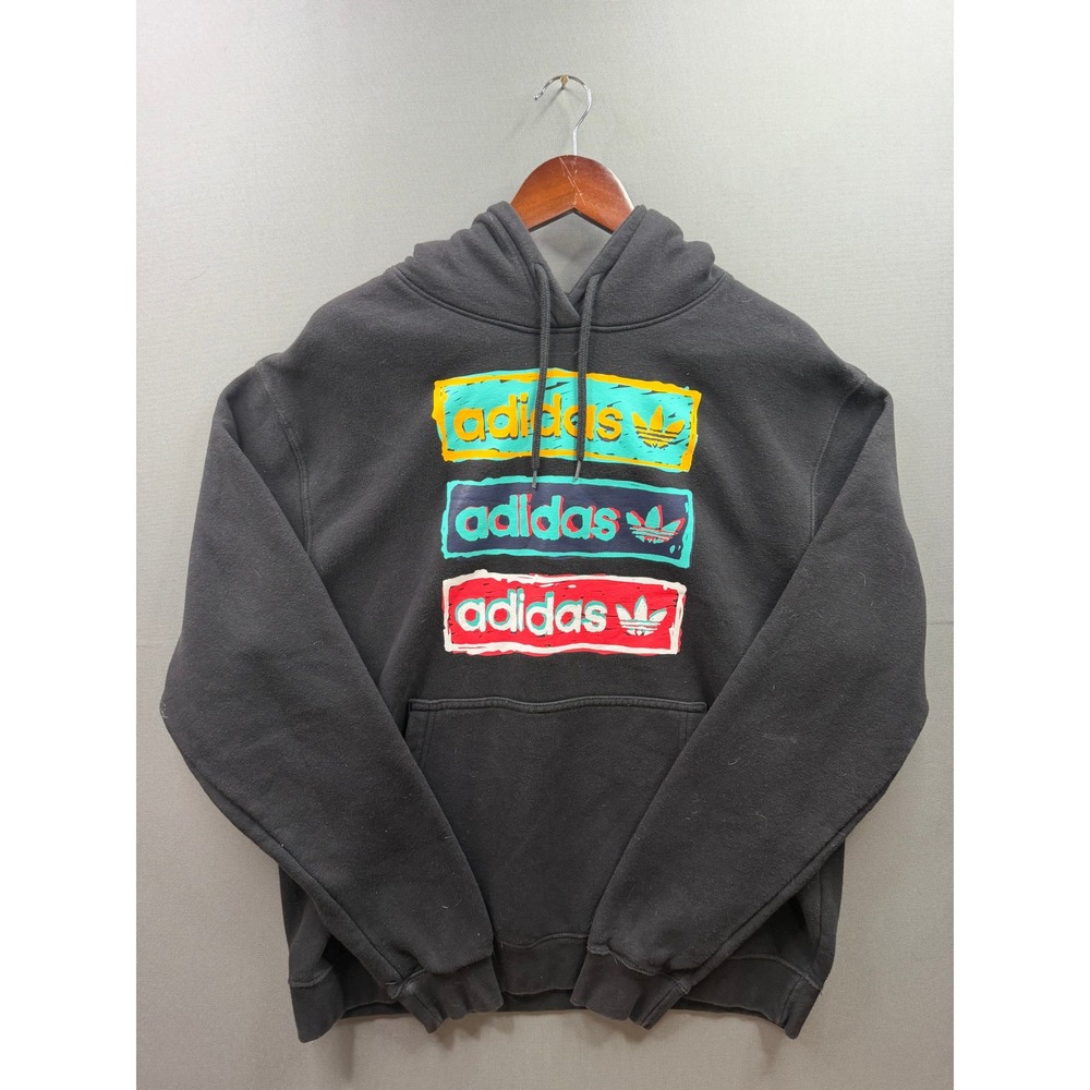 Adidas Hoodie Mens Black Stacked Triple Trefoil Graphic Logo Large